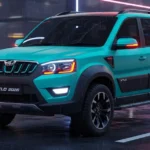 Futuristic Mahindra Xylo 2026 concept SUV in neon cyan and black, designed for young Gen-Z drivers in a rainy neon-lit cityscape
